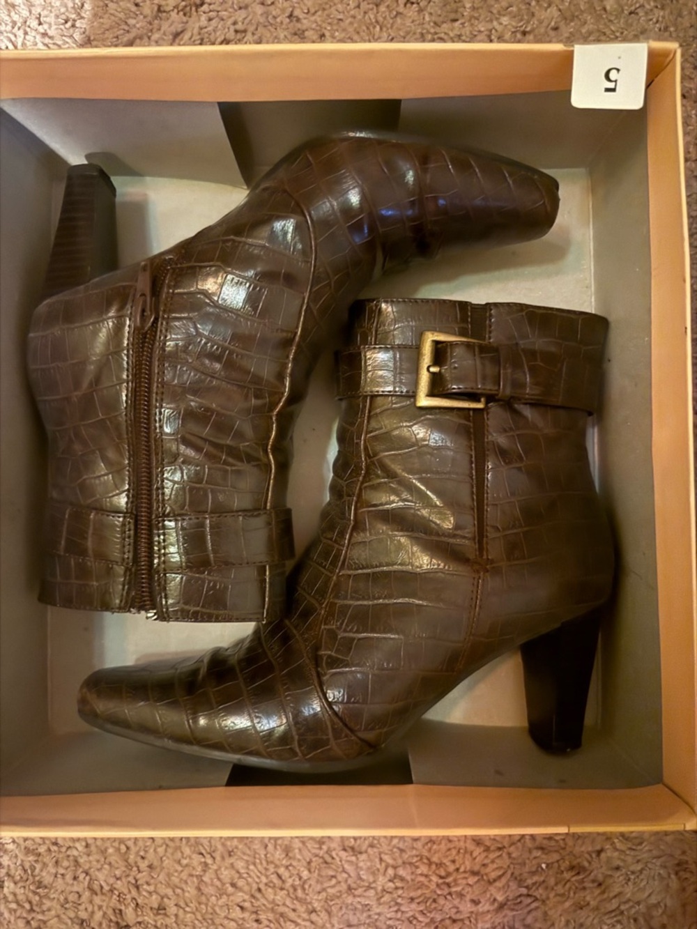 Women’s Brown Croc-Embossed Ankle Boots with Buckle size 5